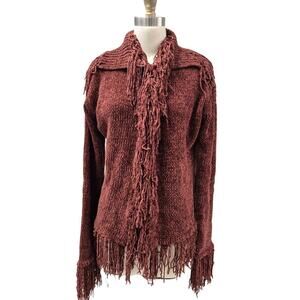 VestoPazzo Esotica import 100% Poly Shag/Fringe Cardigan Sweater Brick Sz S/M